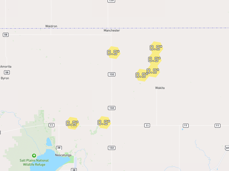 Hail map of Wakita, OK on Jun 2, 2026, hail up to 0.5"