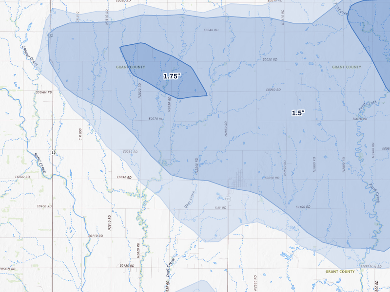 NEXRAD radar-signature map of the hail storm over Wakita, OK on Aug 6, 2026