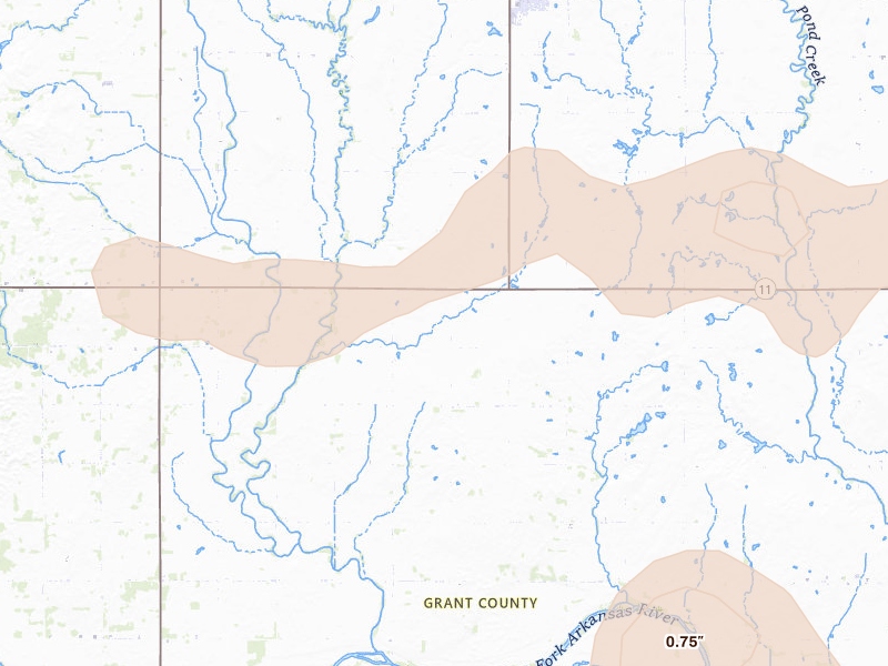 Radar-estimated hail-size map of the storm over Wakita, OK on Aug 7, 2026