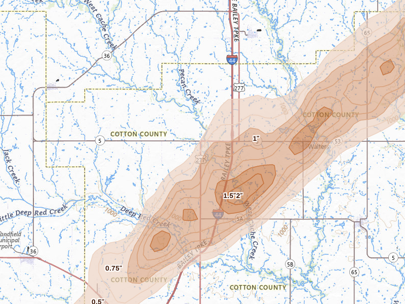 Radar-estimated hail-size map of the storm over Walters, OK on Mar 10, 2026