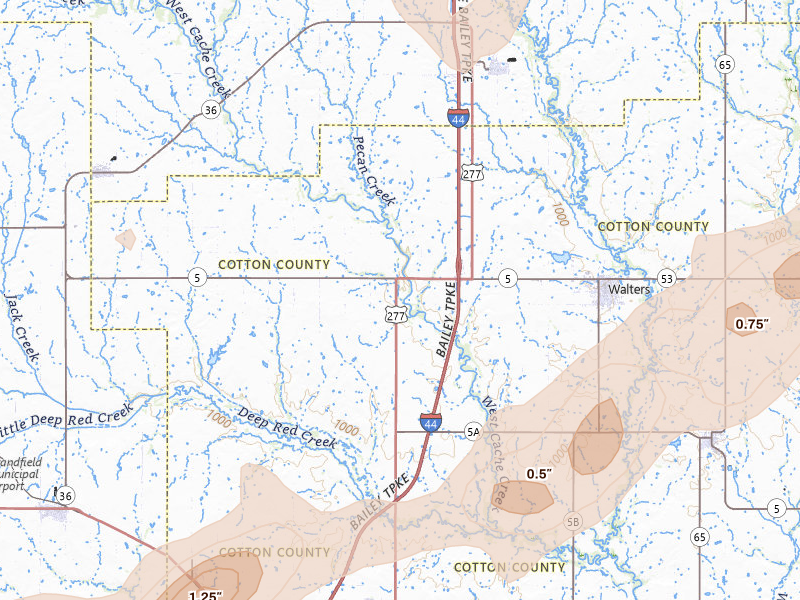 Radar-estimated hail-size map of the storm over Walters, OK on Apr 14, 2026
