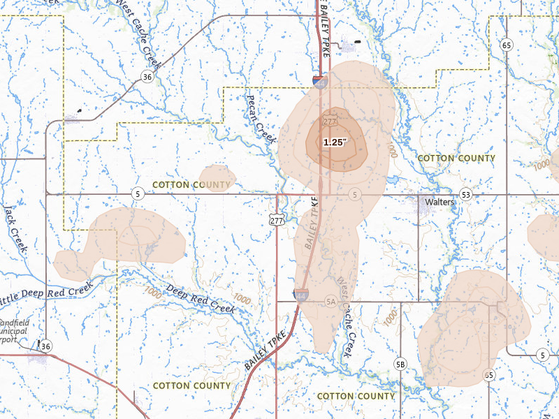 Radar-estimated hail-size map of the storm over Walters, OK on May 22, 2026