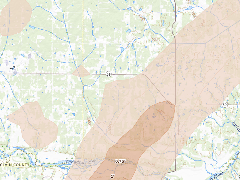 Radar-estimated hail-size map of the storm over Wanette, OK on Mar 6, 2026