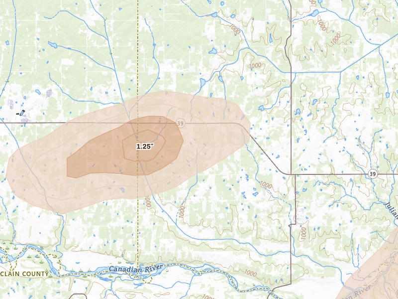 Radar-estimated hail-size map of the storm over Wanette, OK on Apr 24, 2026