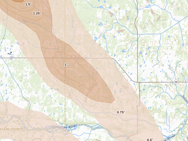 Radar-estimated hail-size map of the storm over Wanette, OK on May 8, 2026