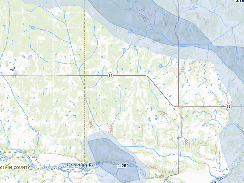 NEXRAD radar-signature map of the hail over Wanette, OK