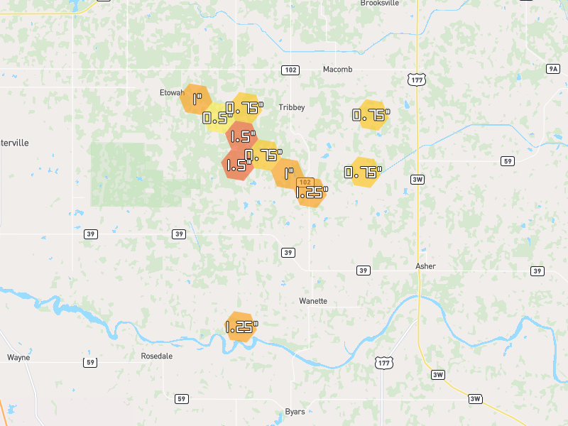 Hail map of Wanette, OK on Jul 5, 2026, hail up to 1.5"