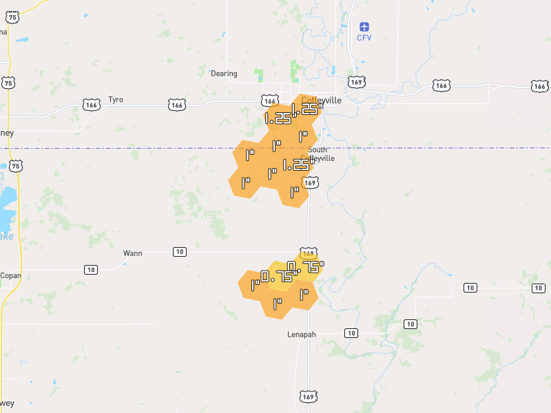 Hail map of Wann, OK on Jun 26, 2026, hail up to 1.25"