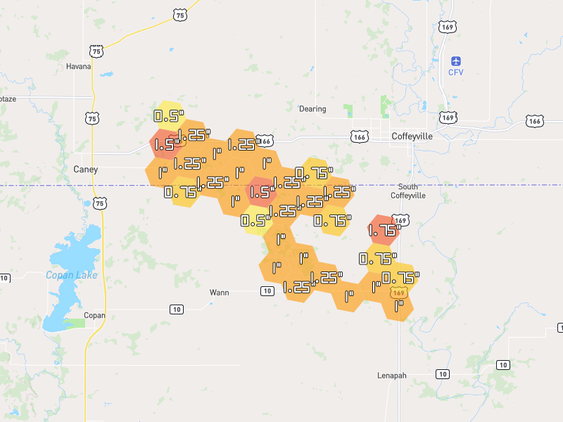 Hail map of Wann, OK on Jun 27, 2026, hail up to 1.75"