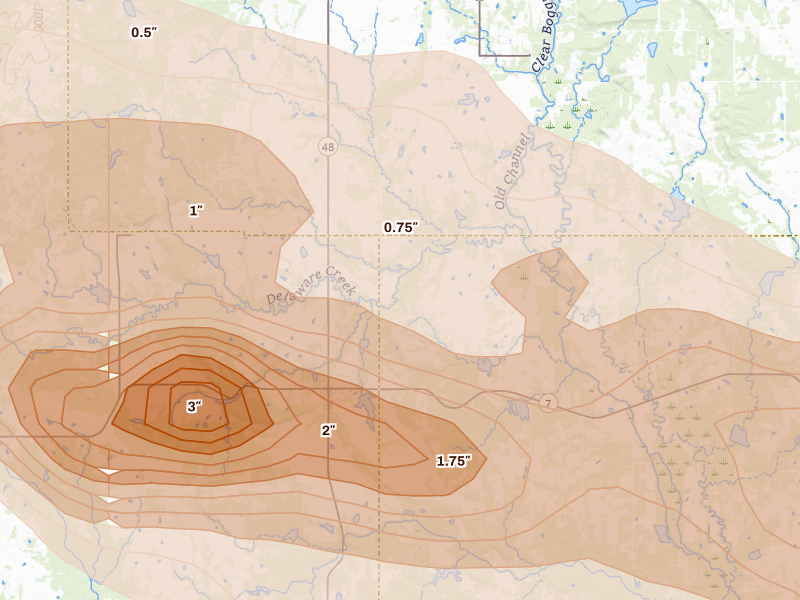 Radar-estimated hail-size map of the storm over Wapanucka, OK on Apr 24, 2026