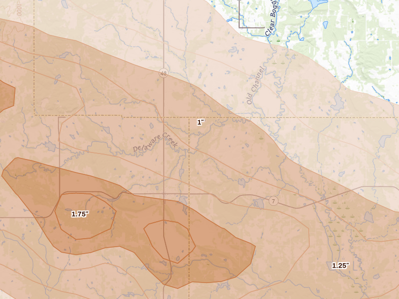Radar-estimated hail-size map of the storm over Wapanucka, OK on Apr 28, 2026