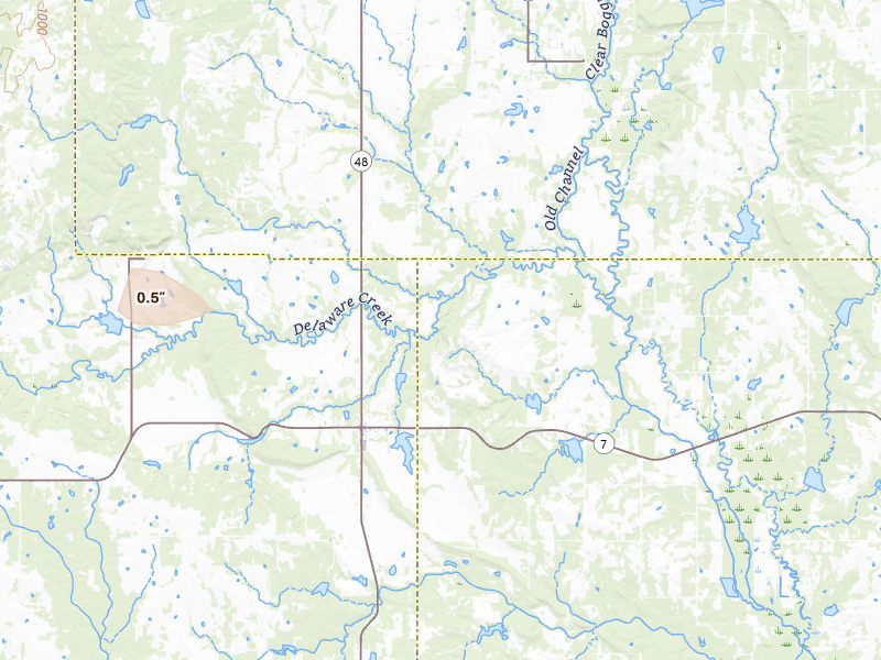 Radar-estimated hail-size map of the storm over Wapanucka, OK on Jul 4, 2026