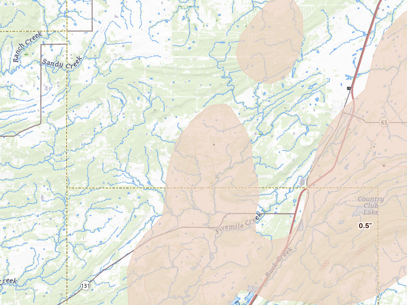 Radar-estimated hail-size map of the storm over Wardville, OK on Mar 6, 2026