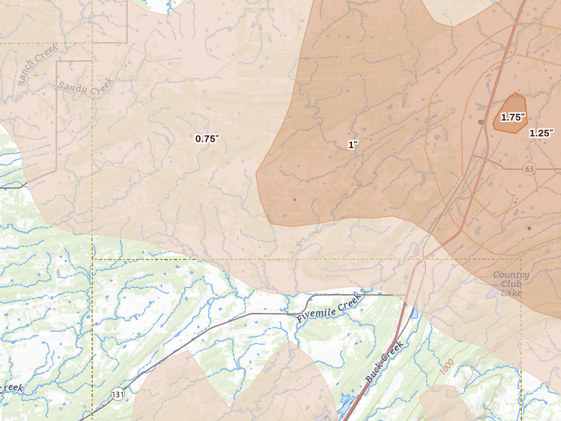 Radar-estimated hail-size map of the storm over Wardville, OK on Apr 24, 2026