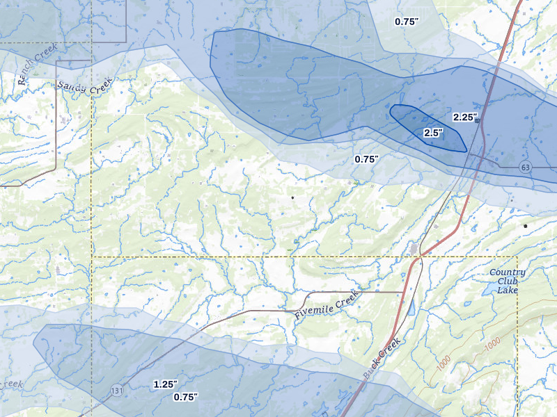 NEXRAD radar-signature map of the hail over Wardville, OK