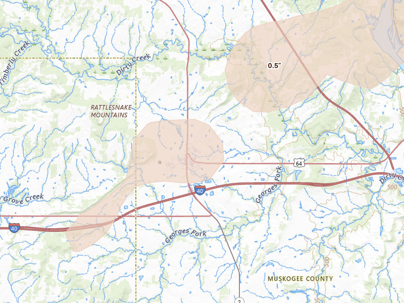 Radar-estimated hail-size map of the storm over Warner, OK on Mar 6, 2026