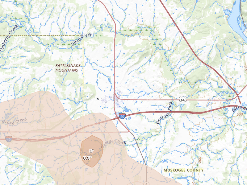 Radar-estimated hail-size map of the storm over Warner, OK on May 8, 2026