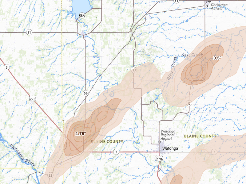 Radar-estimated hail-size map of the storm over Watonga, OK on Apr 1, 2026