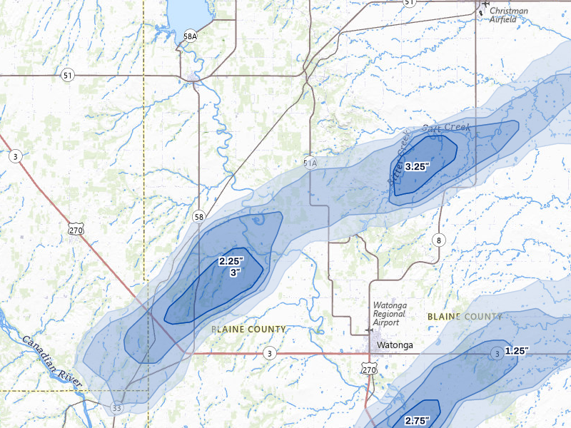 NEXRAD radar-signature map of the hail storm over Watonga, OK on Apr 1, 2026