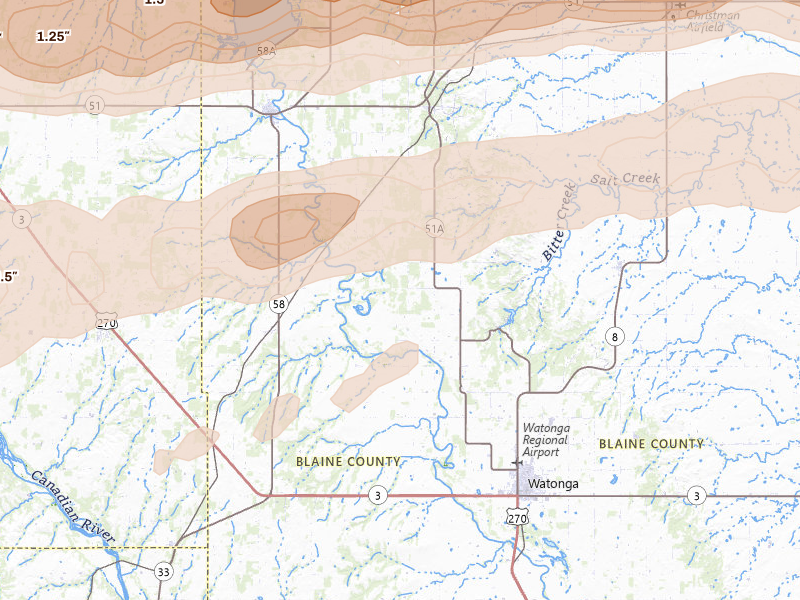 Radar-estimated hail-size map of the storm over Watonga, OK on Apr 17, 2026