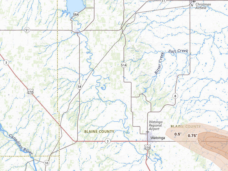 Radar-estimated hail-size map of the storm over Watonga, OK on May 8, 2026