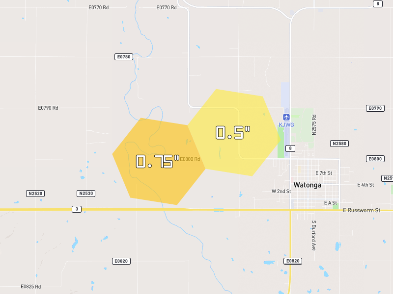 Hail map of Watonga, OK on Jun 1, 2026, hail up to 0.75"
