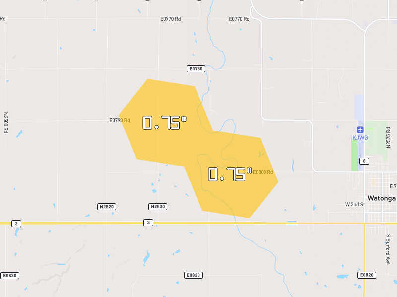 Hail map of Watonga, OK on Jun 2, 2026, hail up to 0.75"