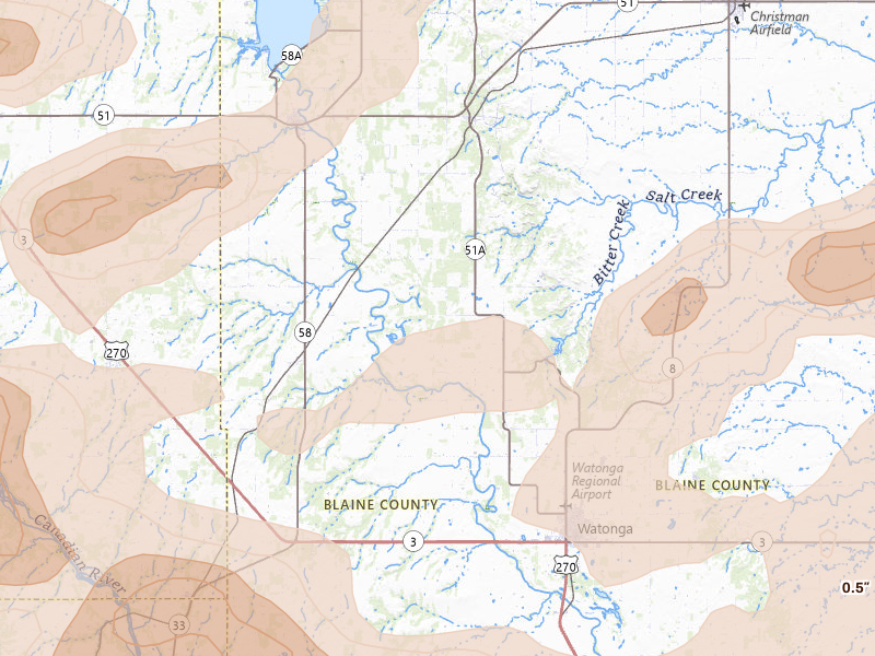 Radar-estimated hail-size map of the storm over Watonga, OK on Jun 26, 2026