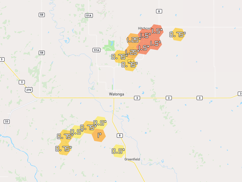 Hail map of Watonga, OK on Jun 26, 2026, hail up to 1.5"