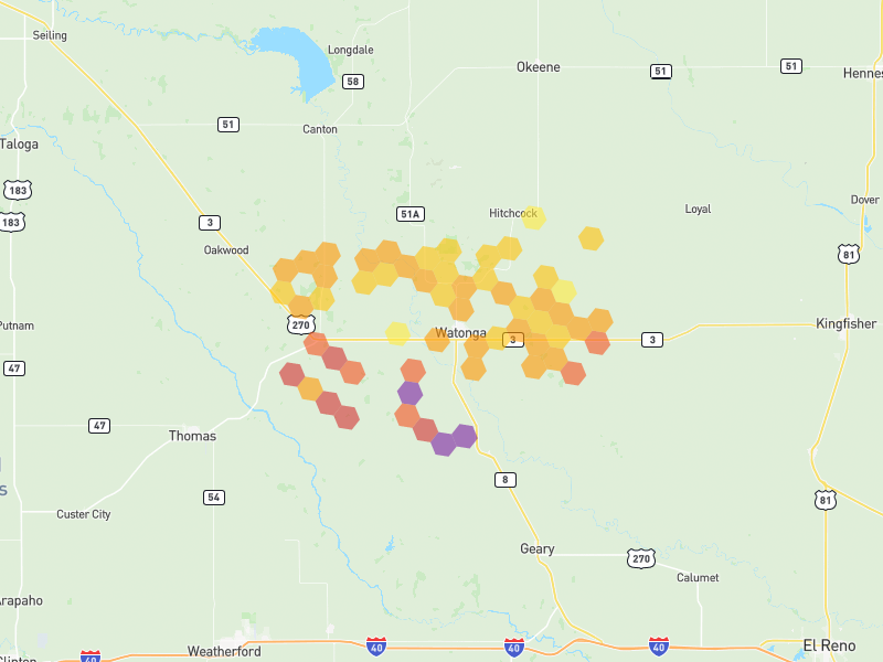 Hail map of Watonga, OK on Jun 27, 2026, hail up to 3.5"