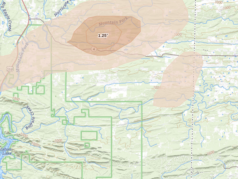 Radar-estimated hail-size map of the storm over Watson, OK on Apr 24, 2026