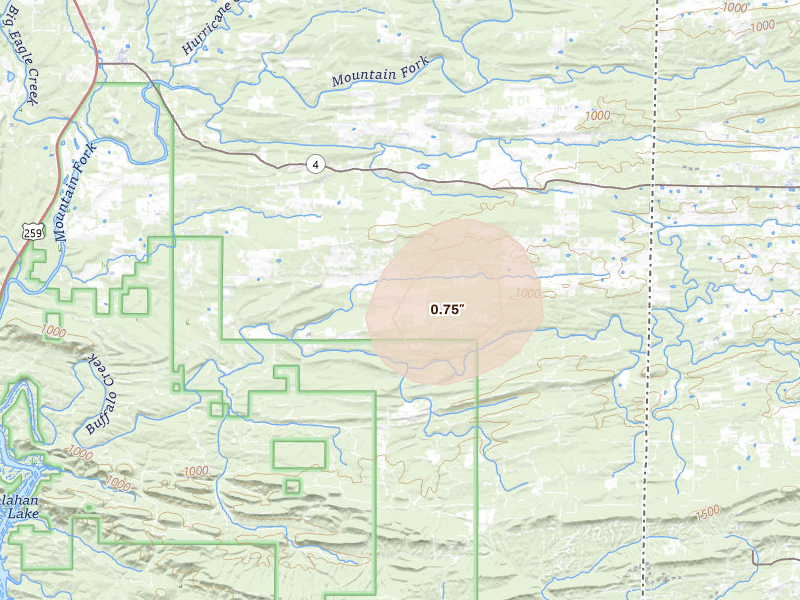 Radar-estimated hail-size map of the storm over Watson, OK on Jul 12, 2026