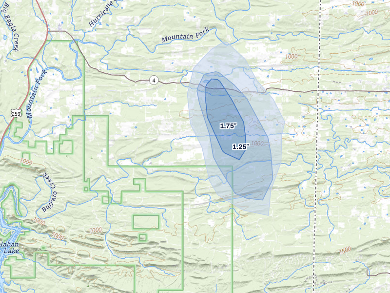 NEXRAD radar-signature map of the hail storm over Watson, OK on Jul 12, 2026