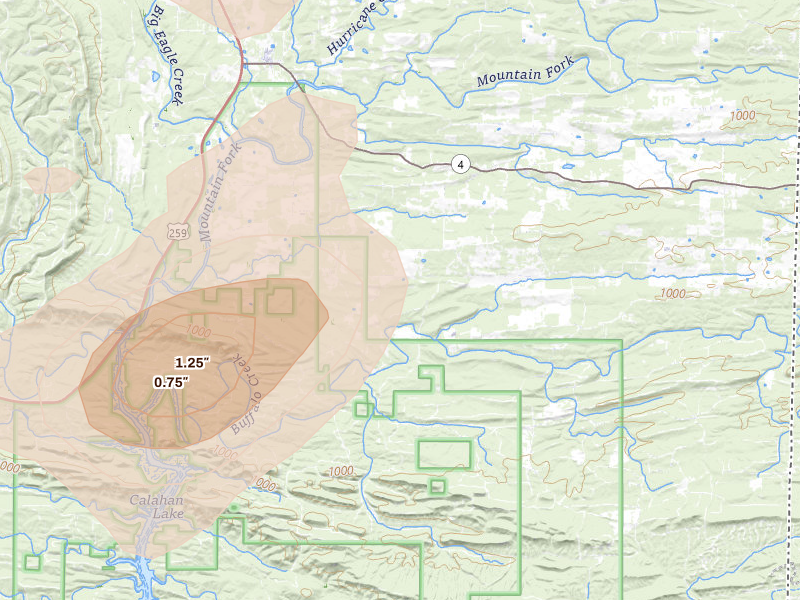 Radar-estimated hail-size map of the storm over Watson, OK on Aug 7, 2026
