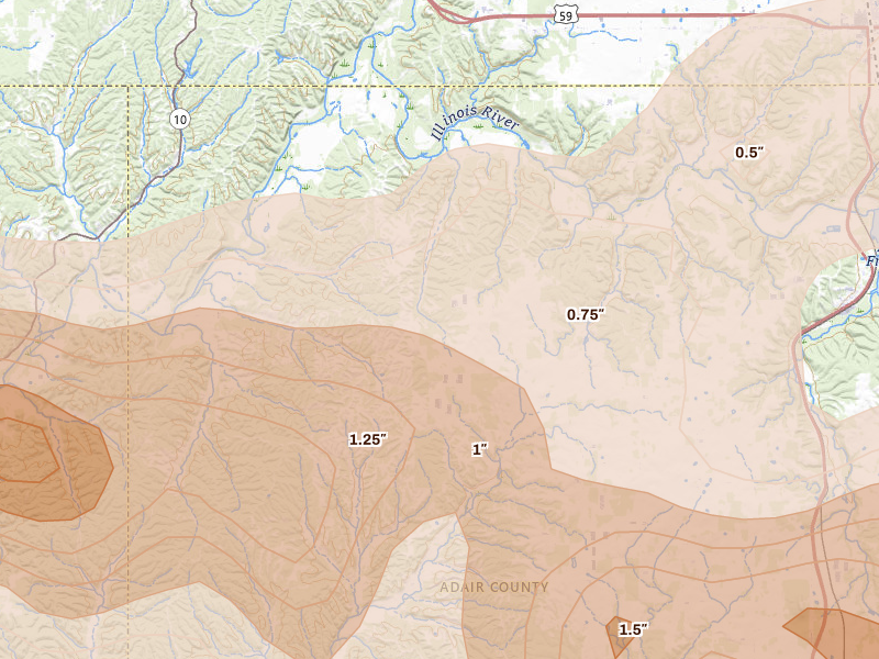 Radar-estimated hail-size map of the storm over Watts, OK on Apr 28, 2026