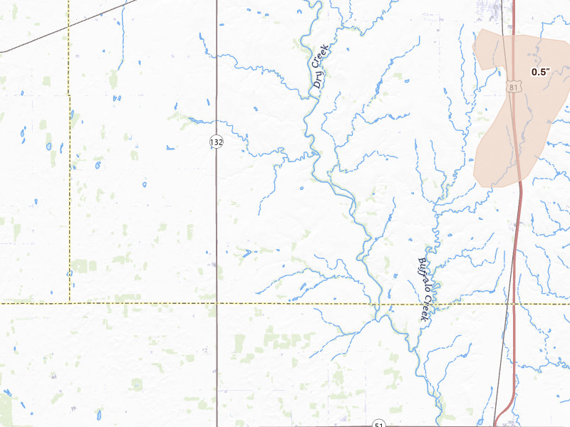 Radar-estimated hail-size map of the storm over Waukomis, OK on Apr 1, 2026