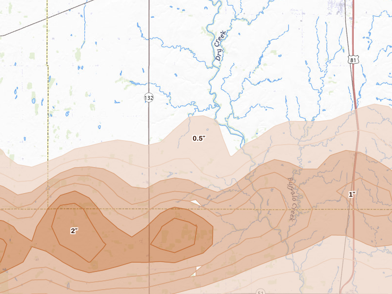 Radar-estimated hail-size map of the storm over Waukomis, OK on Apr 17, 2026