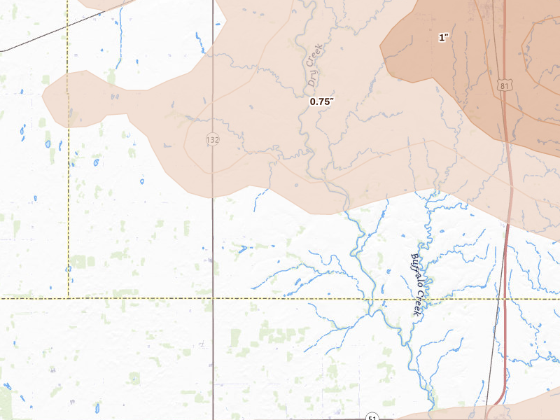 Radar-estimated hail-size map of the storm over Waukomis, OK on Apr 23, 2026