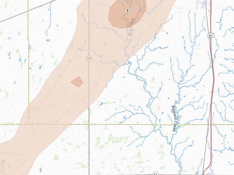 Radar-estimated hail-size map of the storm over Waukomis, OK on May 29, 2026
