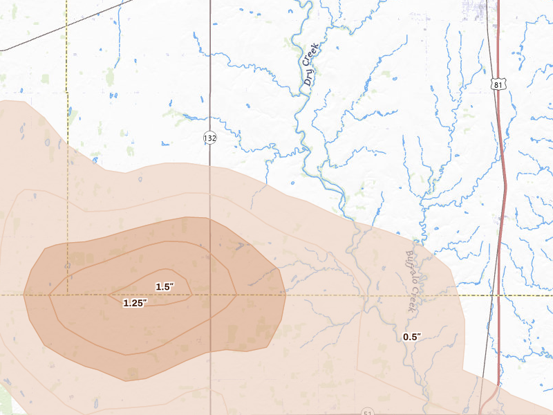 Radar-estimated hail-size map of the storm over Waukomis, OK on Jun 26, 2026
