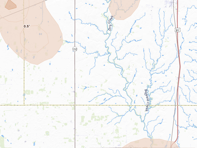 Radar-estimated hail-size map of the storm over Waukomis, OK on Jul 11, 2026