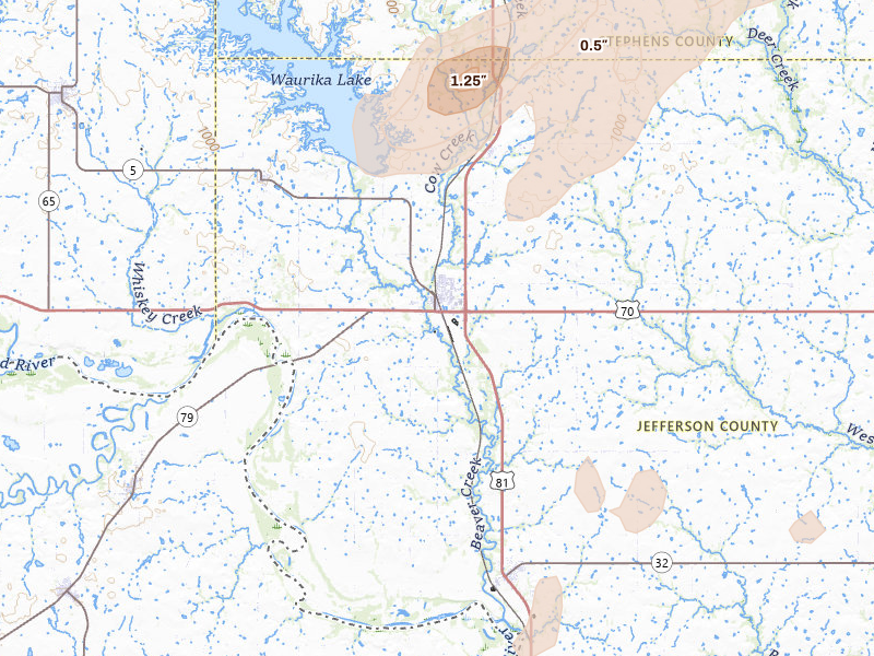 Radar-estimated hail-size map of the storm over Waurika, OK on Mar 6, 2026