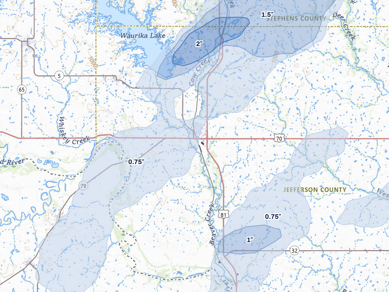 NEXRAD radar-signature map of the hail storm over Waurika, OK on Mar 6, 2026
