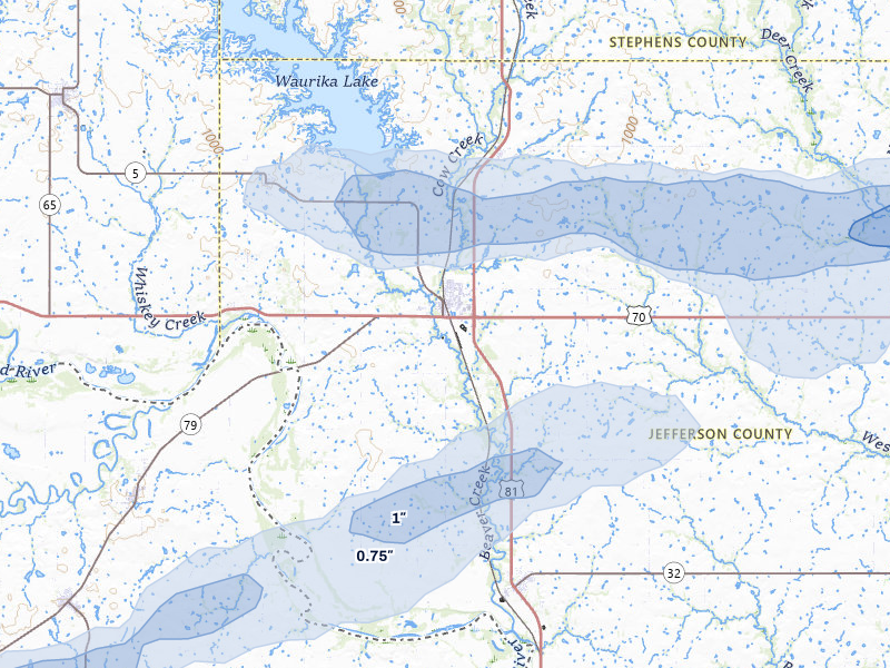 NEXRAD radar-signature map of the hail storm over Waurika, OK on Apr 28, 2026