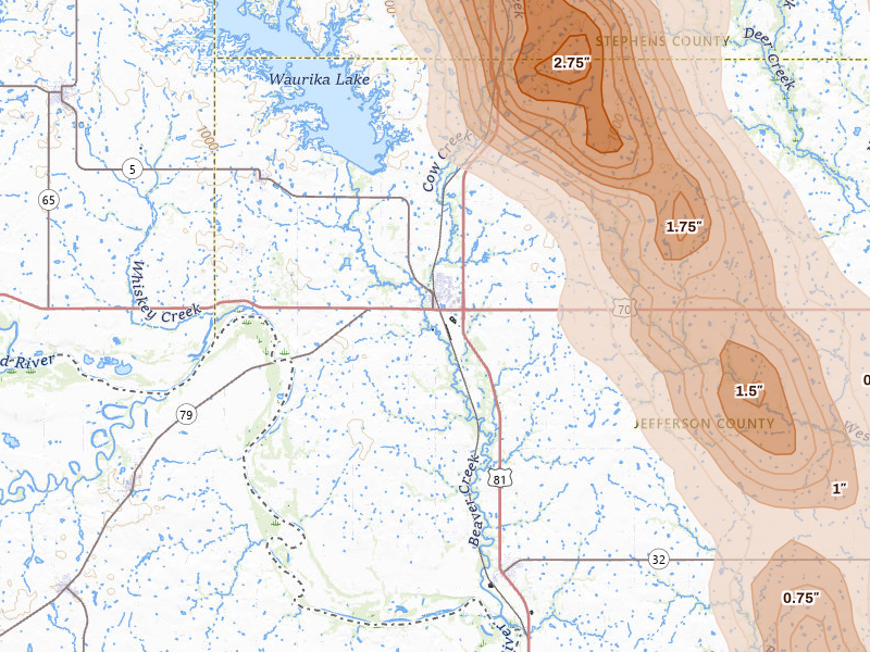 Radar-estimated hail-size map of the storm over Waurika, OK on May 8, 2026
