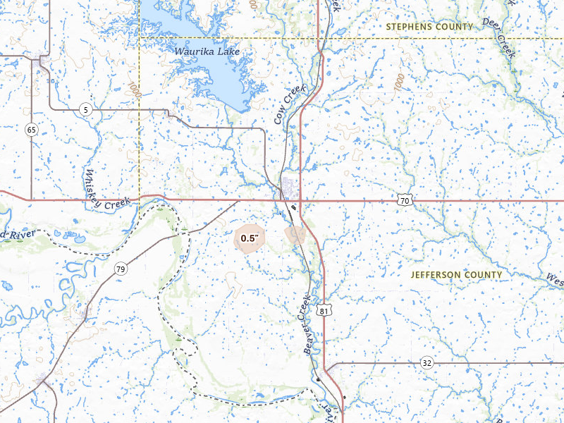 Radar-estimated hail-size map of the storm over Waurika, OK on May 10, 2026