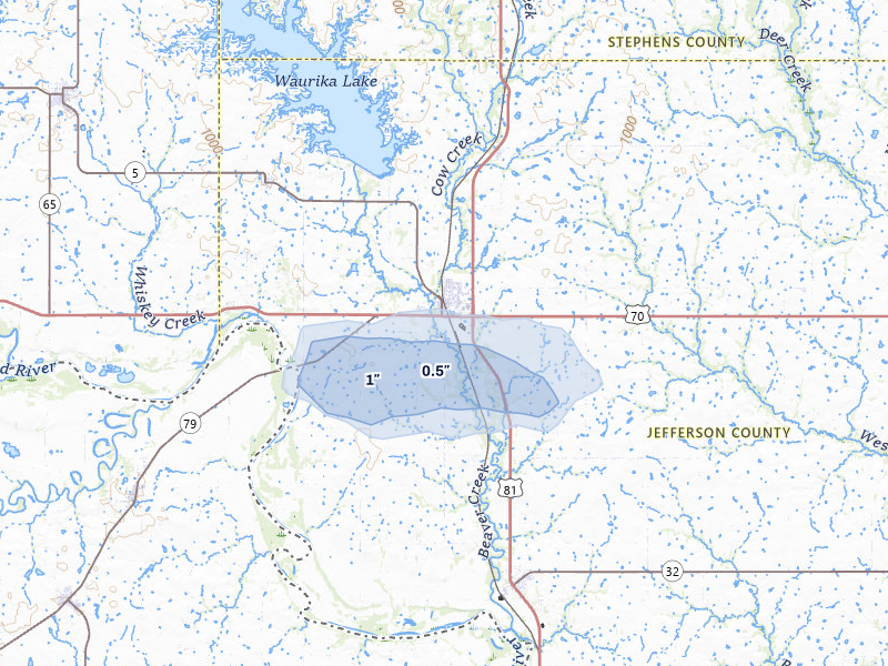 NEXRAD radar-signature map of the hail storm over Waurika, OK on May 10, 2026