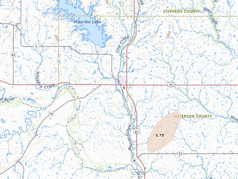 Radar-estimated hail-size map of the storm over Waurika, OK on May 19, 2026