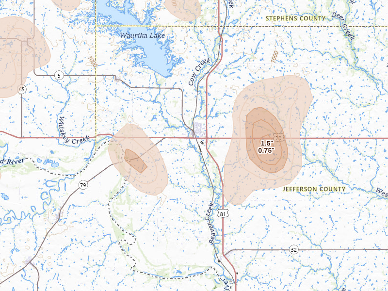 Radar-estimated hail-size map of the storm over Waurika, OK on May 22, 2026