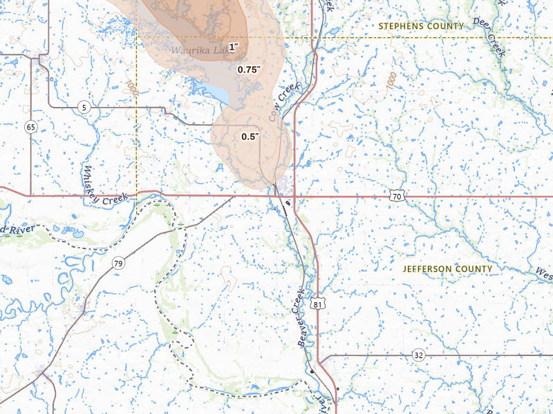 Radar-estimated hail-size map of the storm over Waurika, OK on Jun 11, 2026